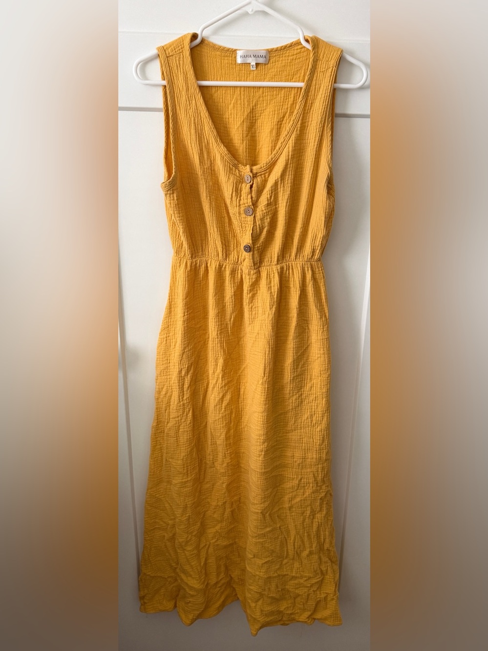 HAHA MAMA Maternity Maxi Dress XL Mustard Yellow Gauze Boho Button Front